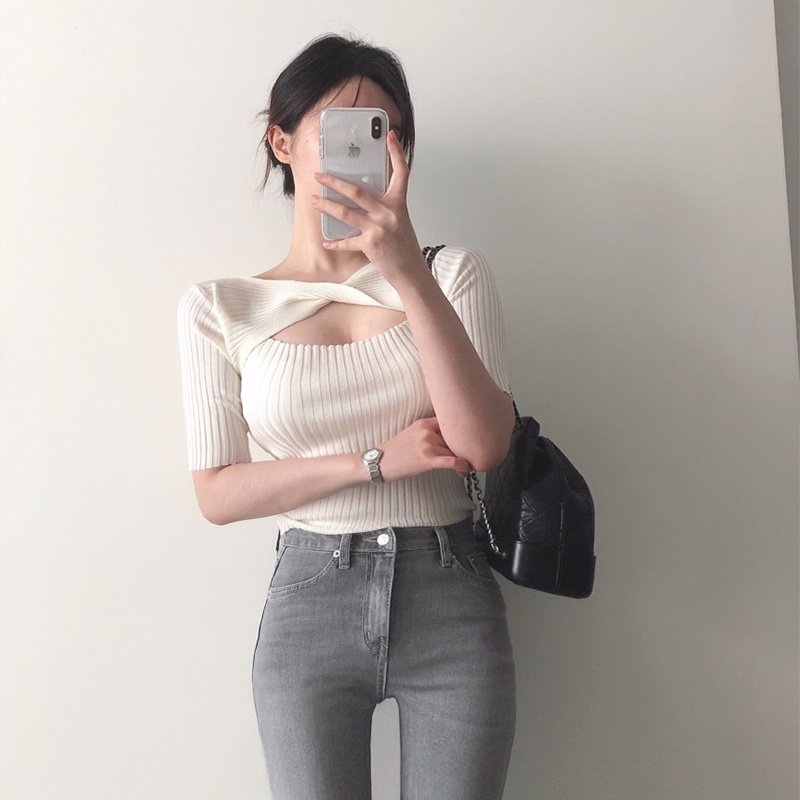 Áo Thun Dệt Kim Tay Lửng Cổ Tròn Màu Sắc Trơn Thời Trang Mùa Hè Phong Cách Hàn Quốc Dành Cho Nữ