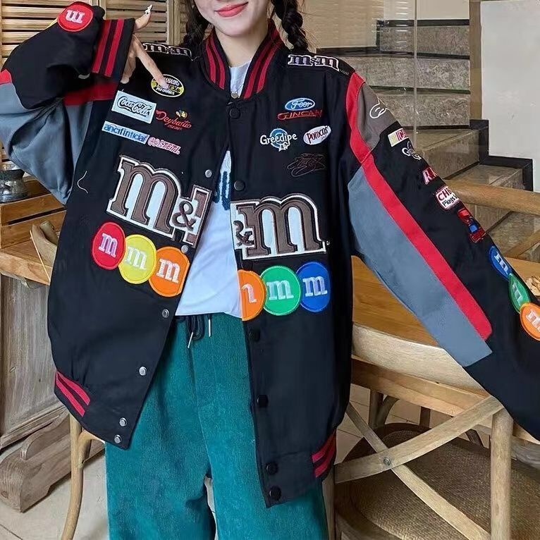 Autumn Winter American Retro Tooling Racing Baseball Uniform Men and Women Loose Hiphop Motorcycle Jacket