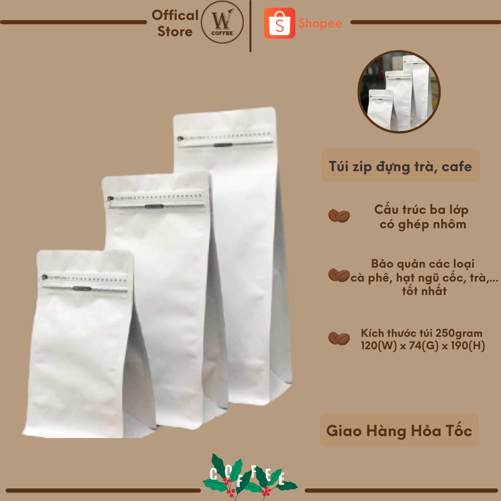 10 túi zip đựng trà, cafe ⚡ GIÁ TỐT NHẤT ⚡ Combo 10 túi Zip 8 cạnh trắng bảo quản cafe, trà, ngũ cốc 250gram