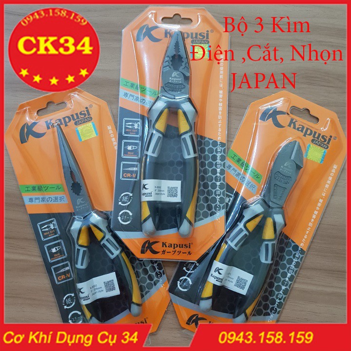 Kìm xuất đức. Kìm Điện, Cắt, Mỏ Nhọn KAPUSI JAPAN kiềm nhật cắt siêu ngọt bộ 3 cây  tiện dung cho mọi bác thợ