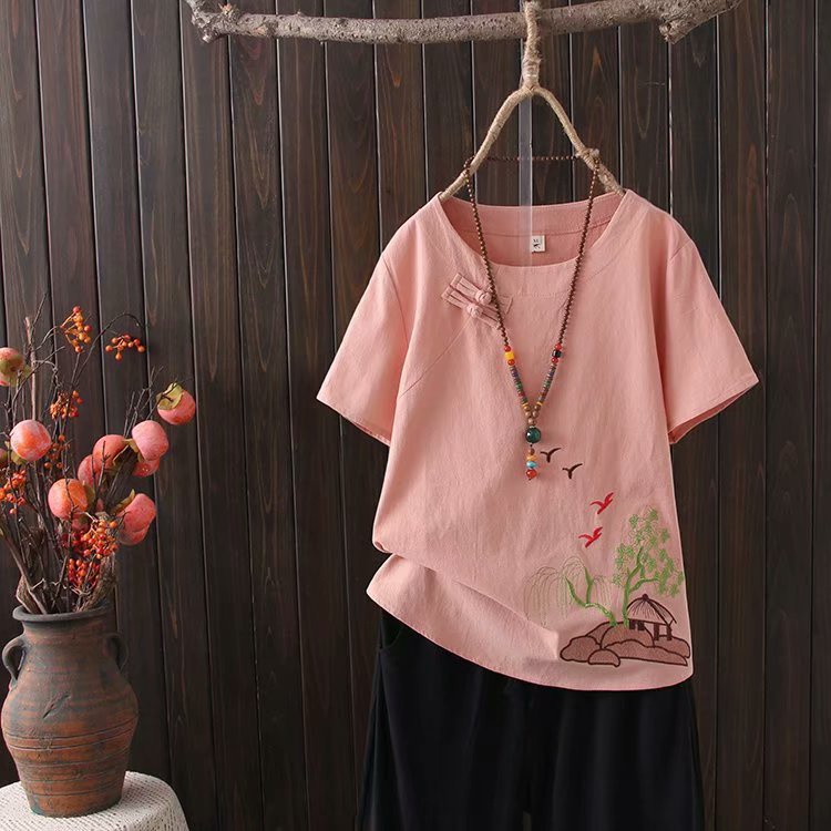 Áo nữ form rộng,chất đũi mát mịn,thêu họa tiết độc đáo, 2 màu nhã nhặn full size đến 85kg (SP16)