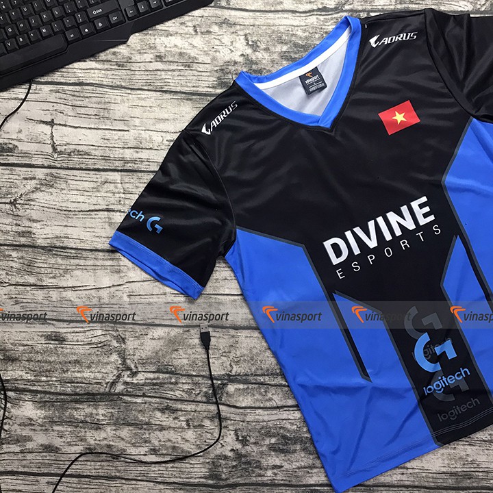 Áo game thi đấu Esports thun ngắn tay nam - Mẫu DIVINE 2020 màu xanh đen, dáng suông NEW new
