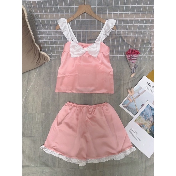 Đồ bộ satin lụa hai dây nơ xinh