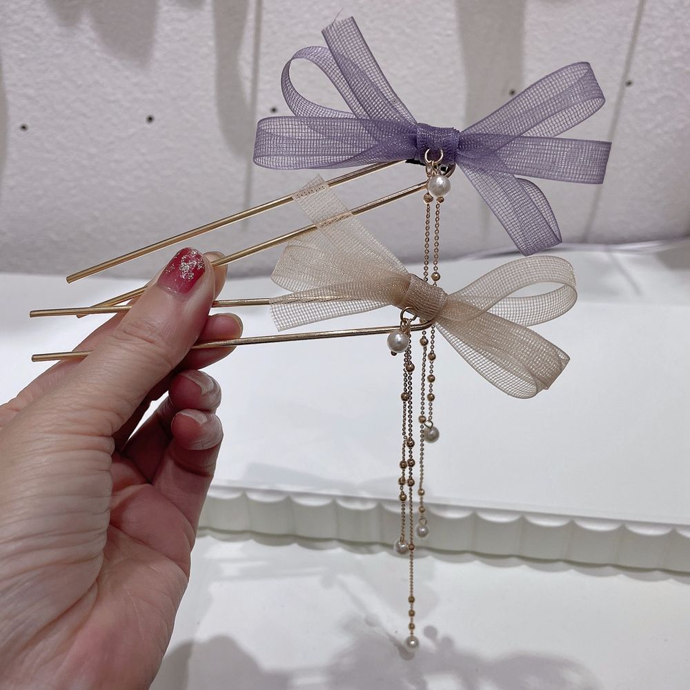 Trâm cài tóc hình chữ U hợp kim mặt nơ lưới đính tua rua ngọc trai nhân tạo phong cách Hàn Quốc vintage cổ điển cho nữ