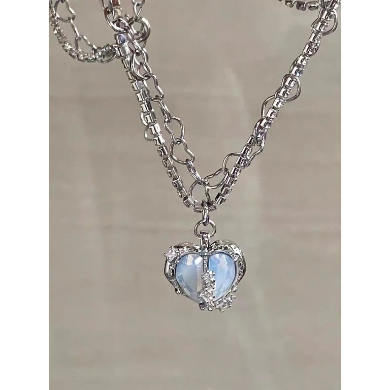 Vòng cổ Mặt Trái Tim Đính Đá zircon Nhiều Lớp Màu Xanh Dương Lấp Lánh Ngọt Ngào Và Mát Mẻ