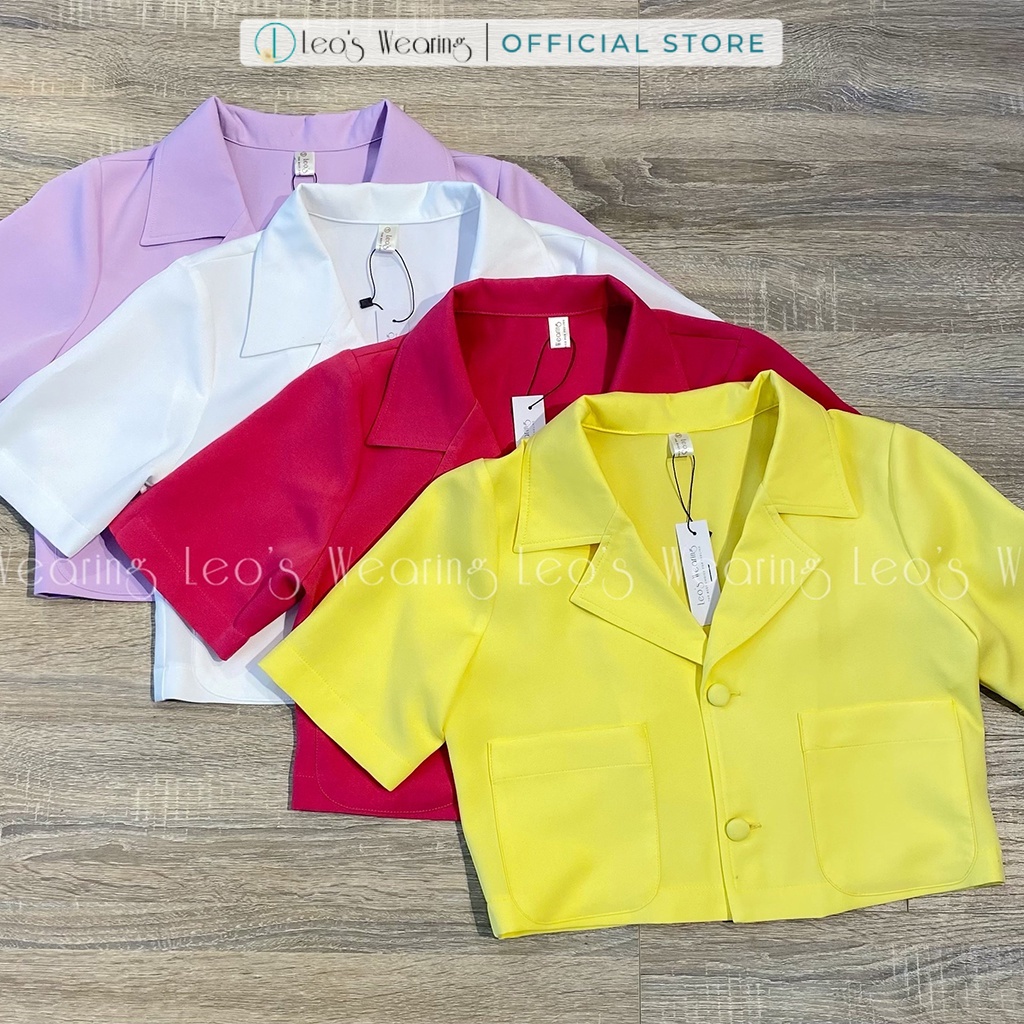 Áo sơ mi croptop cổ vest nữ tay ngắn phong cách Hàn Quốc LEOSWEARING A05