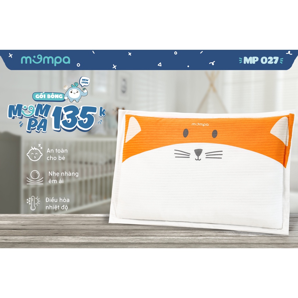 Gối cho bé sơ sinh Mompa vỏ cotton ruột bông mềm mại siêu nhẹ thoáng mát diệt khuẩn 027