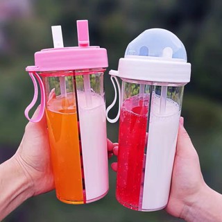 (Full phụ kiện) Bình đựng nước 2 ngăn kèm ống hút