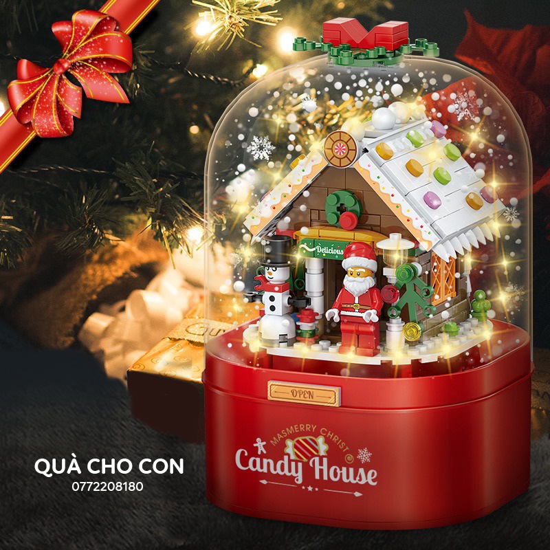 HỘP LEGO PHÁT NHẠC GIÁNG SINH CÓ TUYẾT RƠI MÔ HÌNH NGƯỜI TUYẾT, ÔNG GIÀ NOEL, NGÔI NHÀ BÁNH KẸO (Tặng kèm pin)