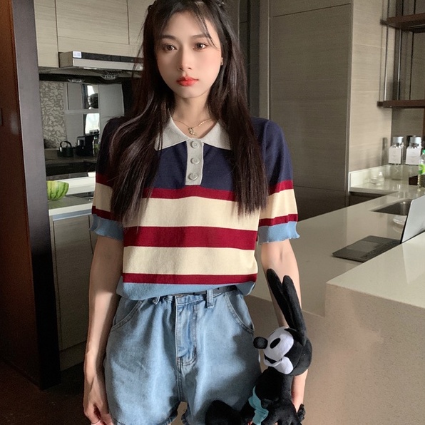 Áo thun ZHELIHANGFEI dệt kim cổ polo tay ngắn họa tiết kẻ sọc thời trang