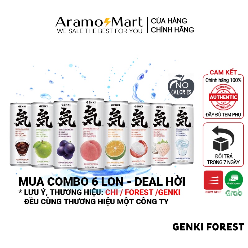 Combo 6 lon Nước Soda trái cây Genki Forest Sparkling có ga không Calo lon 330ml ＊AramoMart＊