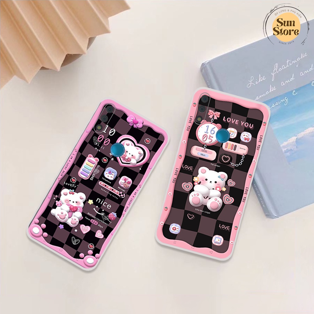 Ốp lưng Vsmart Star 3 - Star 4 hoạ tiết 3D nền kẻ caro, gấu đáng yêu viền dẻo