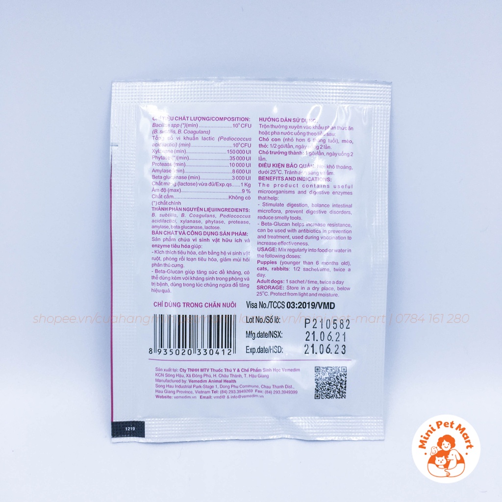 Men tiêu hóa cho chó mèo VEMEDIM PROBISOL 5g giúp kích thích tiêu hóa, phòng rối loạn tiêu hóa