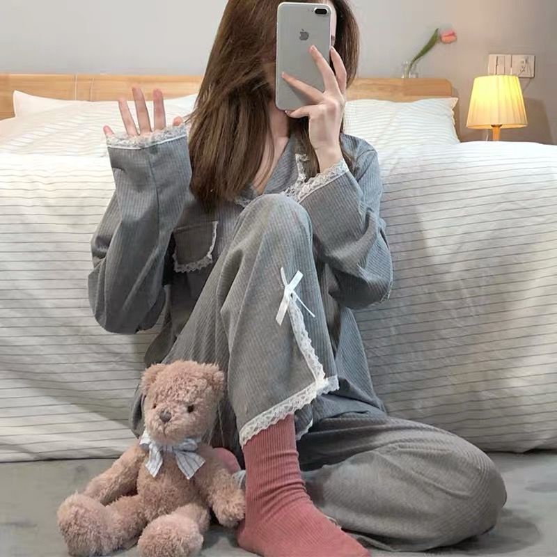 Bộ Đồ Ngủ Tay Dài Phối Ren Và Nơ Phong Cách Hàn Quốc Hàng Mới Dành Cho Nữ