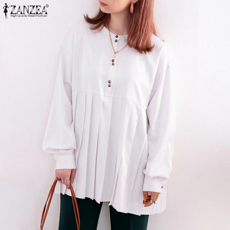 Áo kiểu Zanzea tay dài cổ tròn có nút cài phong cách Hàn Quốc trẻ trung dành cho nữ