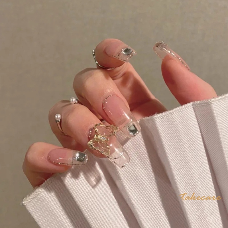 [Hàng mới về] Set 24 móng giả dáng dài đính hình bướm trong suốt và đá sang trọng thanh lịch cho nữ