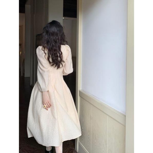 Váy midi xoè tay phồng màu trắng kem bồng bềnh