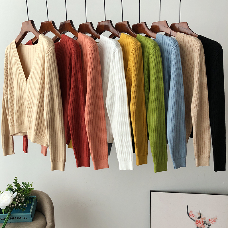 SUXI Áo Cardigan Dệt Kim Dài Tay Cổ Chữ V Màu Trơn Phong Cách Hàn Quốc