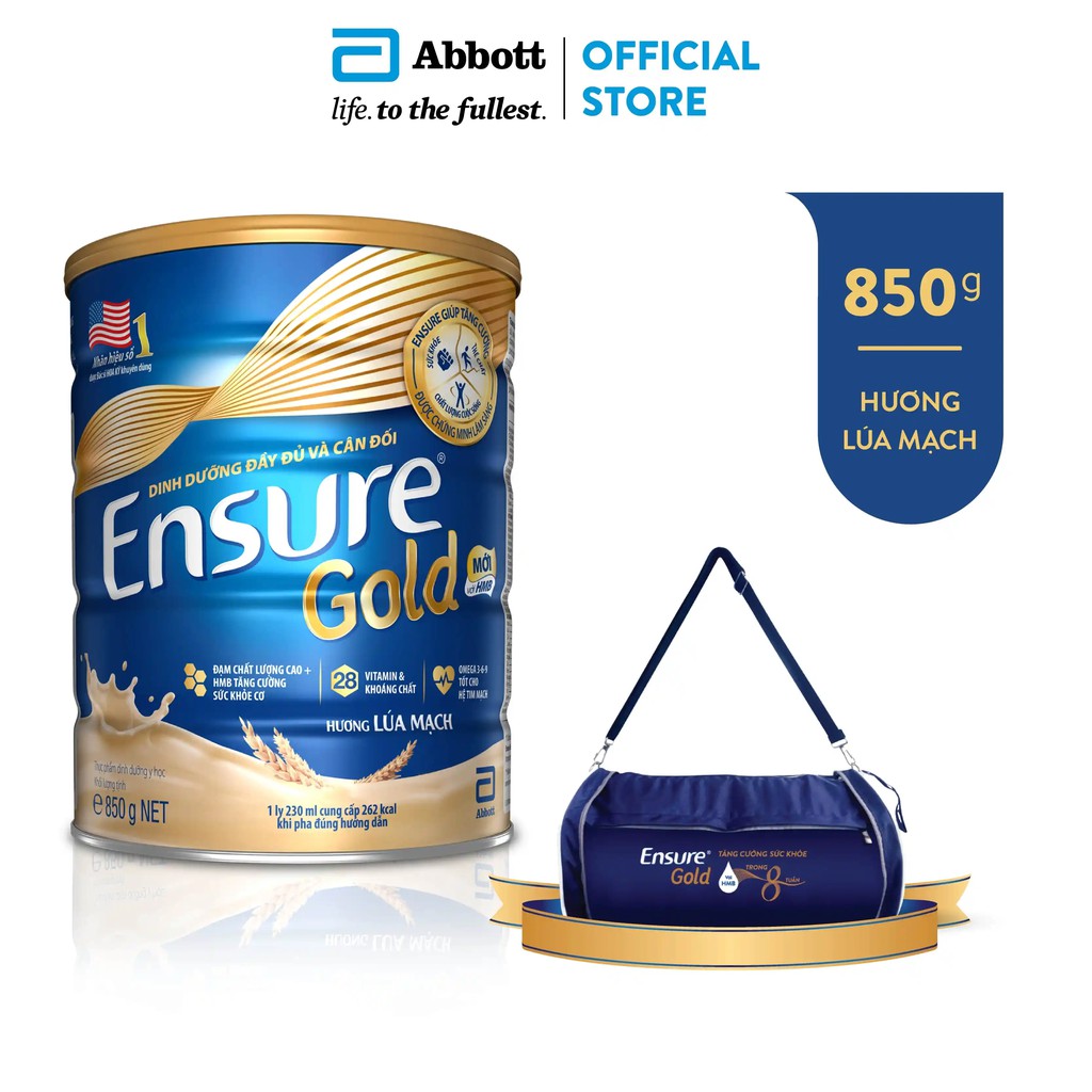 [Tặng túi thể thao Ensure] Sữa bột Ensure Gold Lúa mạch (HMB) 850g