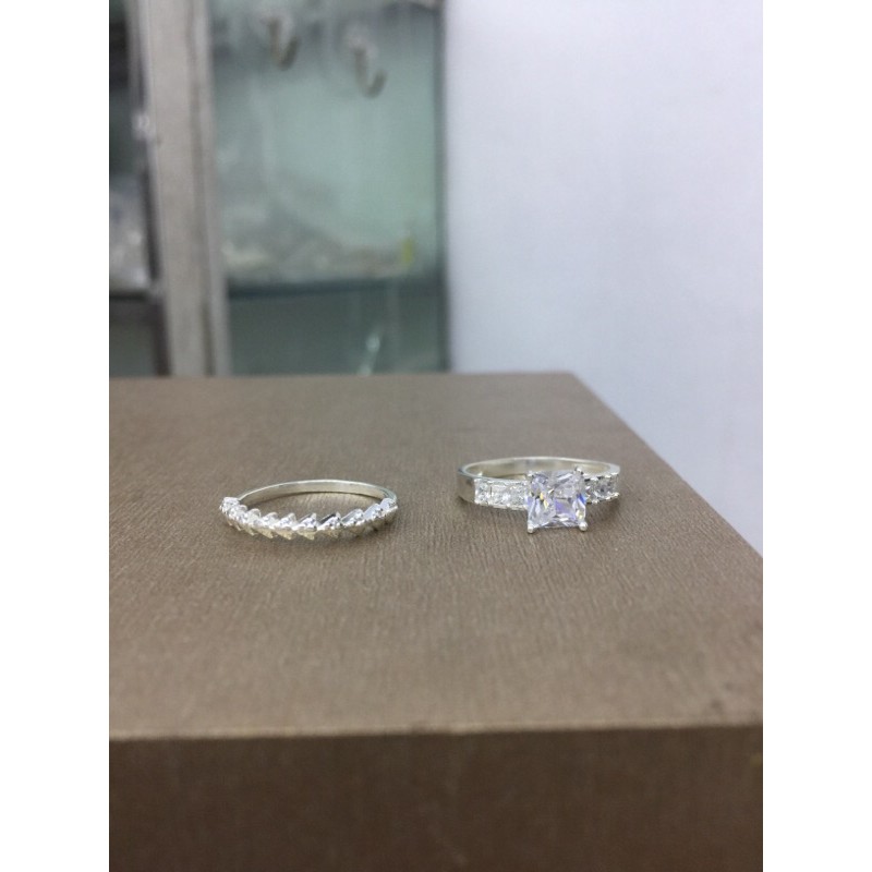 Nhẫn mảnh cây Thông đá vuông cao sáng lấp lánh bạc thật NGỌC MẬU