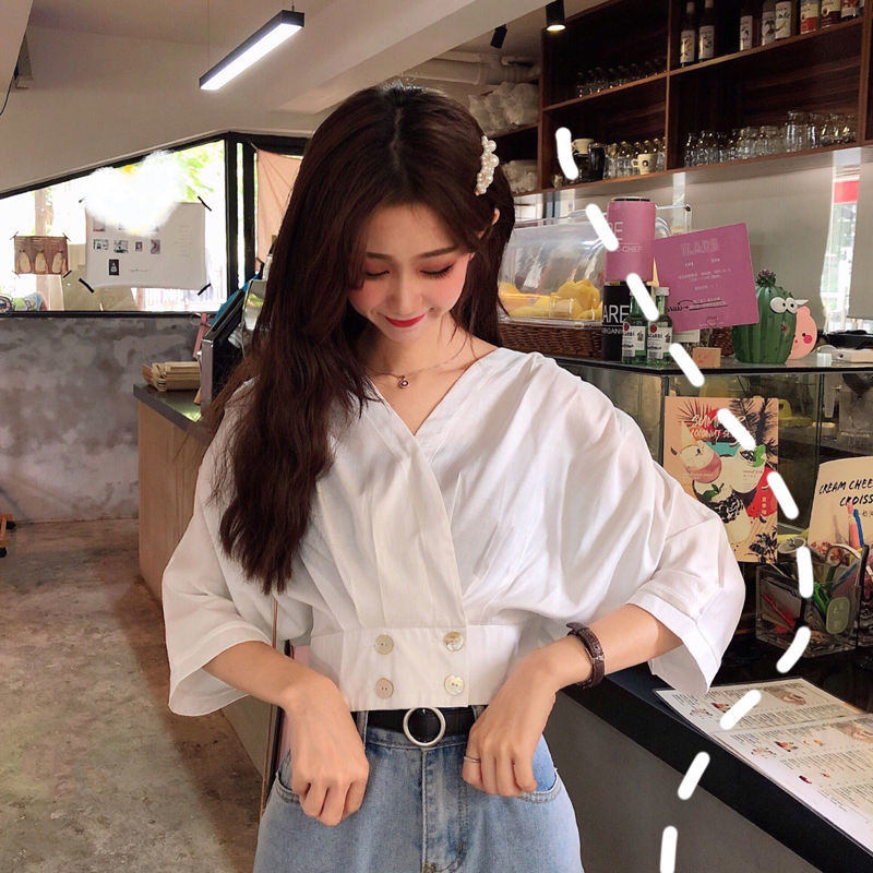 Áo Sơ Mi BH Trắng Cổ Chữ v Thời Trang Dành Cho Nữ