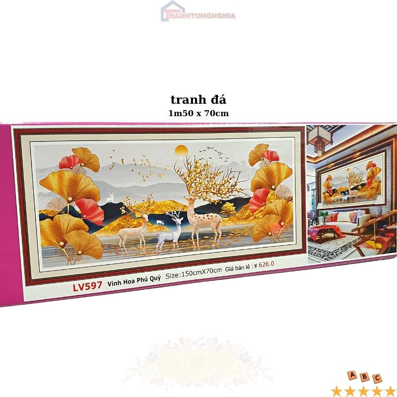 Tranh đính đá, tranh thêu chữ thập phong cảnh hiện đại hươu nai tài lộc 1m20 x 55cm - 1m50 x 70cm