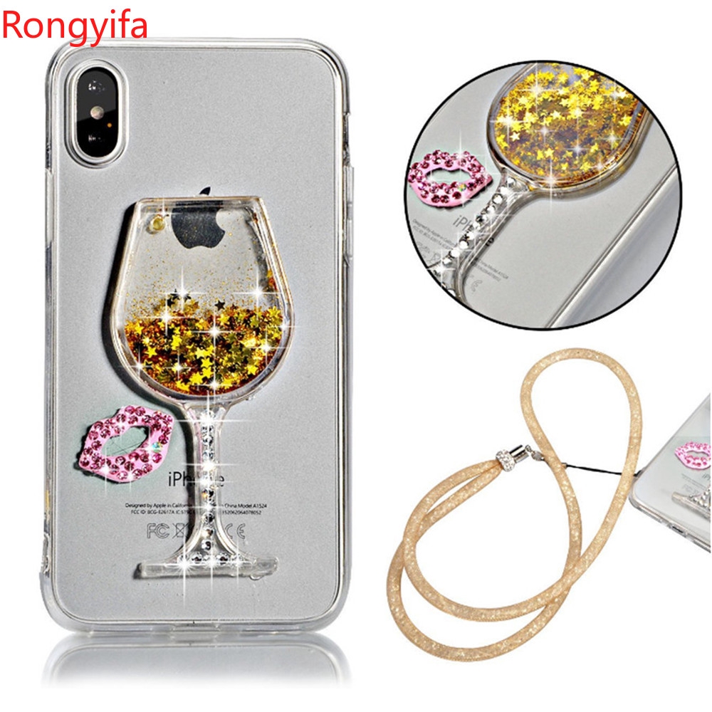 Bling Glitter Phone Case For Samsung Galaxy S20 Ultra S10 S9 S8 Plus S10e S7 Edge Case QuickSand Back TPU Case With Hang Rope Wine Glass Liquid Sand Clear Soft Cover