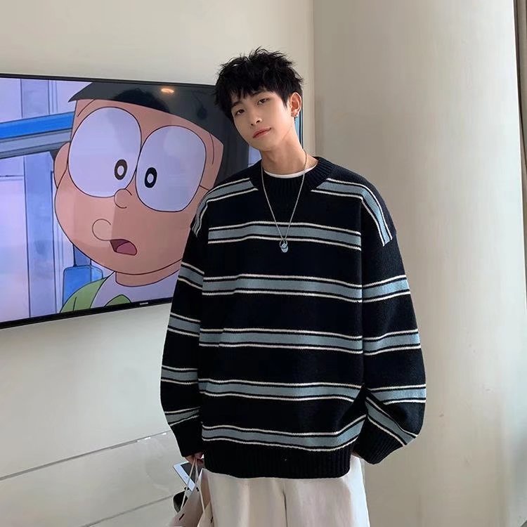 Áo Sweater Dệt Kim Cổ Tròn Tay Dài Dáng Rộng Kẻ Sọc Kiểu Hàn Quốc Thời Trang Thu Đông Cho Nam