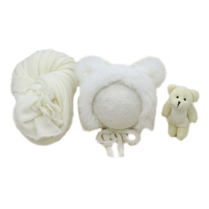 3 Pcs/set Newborn Photography Props Fluffy Stretch Knit Wrap with Cute Rabbit