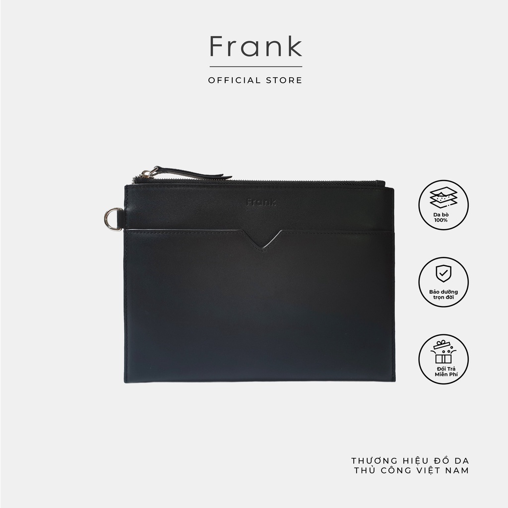 Túi Clutch Nam Da Bò Trơn Cao Cấp FRANK V Pouch Ví Cầm Tay Nam Nhiều Ngăn Sang Trọng Tiện Dụng - Màu Đen