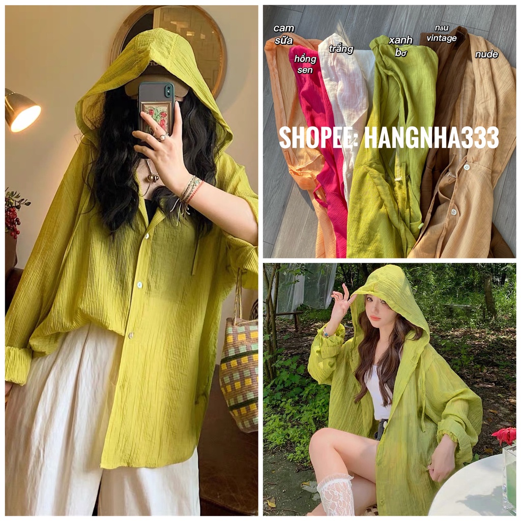 Áo sơ mi mỏng CÓ MŨ khoác ngoài tay dài nhiều màu trendy style Hàn Quốc