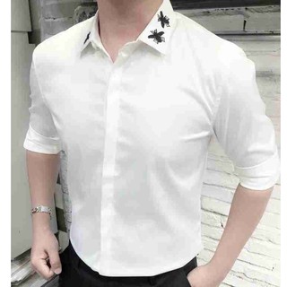 ÁO SƠ MI NAM CAO CẤP TAY DÀI MÀU TRẮNG IN HỌA TIẾT Ở CỔ MS03