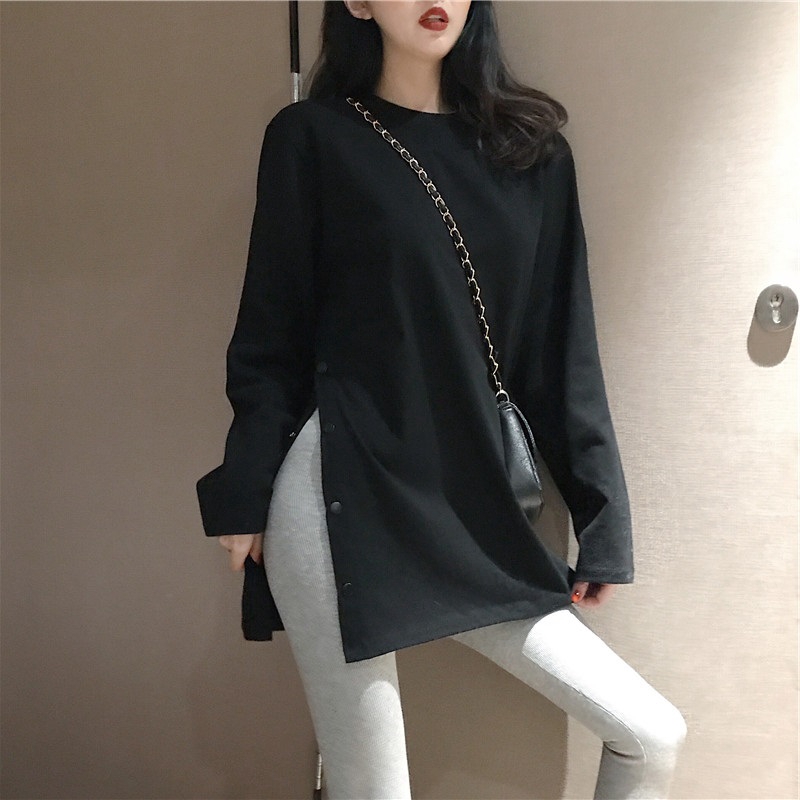  Áo Thun Tay Dài Màu Trơn Xẻ Hông Phong Cách Ulzzang Thu Đông