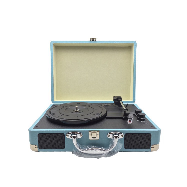 Đầu mâm than vinylLP turntable đa năng tự hành dáng vali có loa bên trong màu xanh cốm