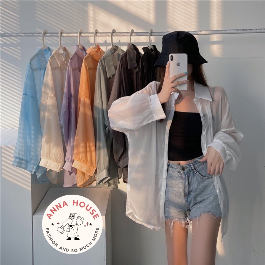Áo sơ mi nữ dài tay voan mỏng khoác ngoài đi biển oversize nhiều màu, Áo khoác đi biển voan tơ giấy trong suốt