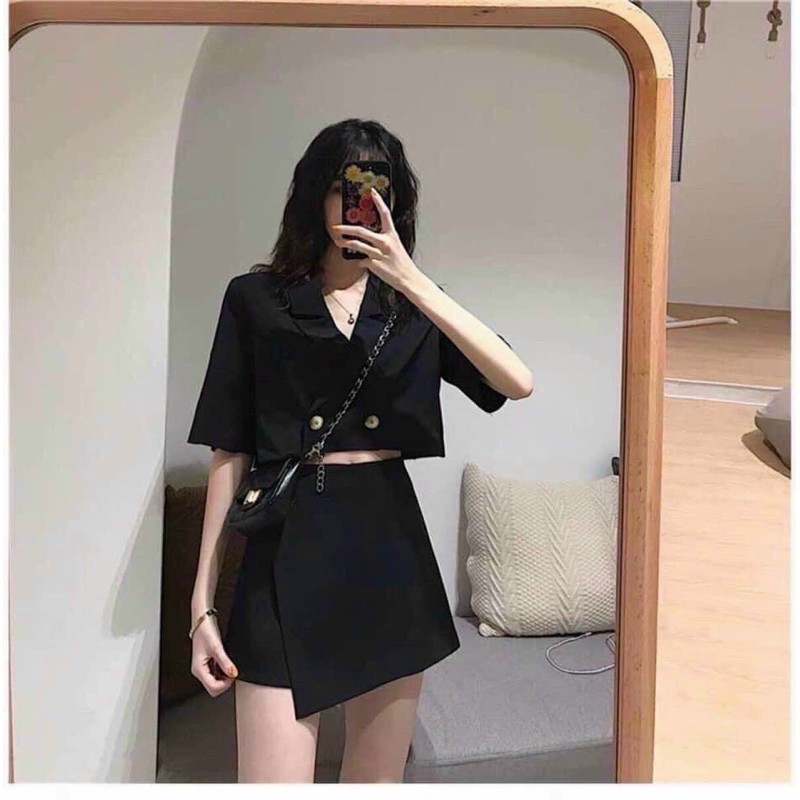 Sét Áo Cổ Vest Ngắn Tay Mix Chân Váy A Vạt Lệch Phong Cách Ulzzang 😍