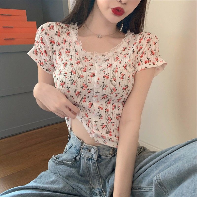 COZOK Áo Thun Tay Ngắn Cổ Tròn Họa Tiết Hoa Phong Cách Vintage