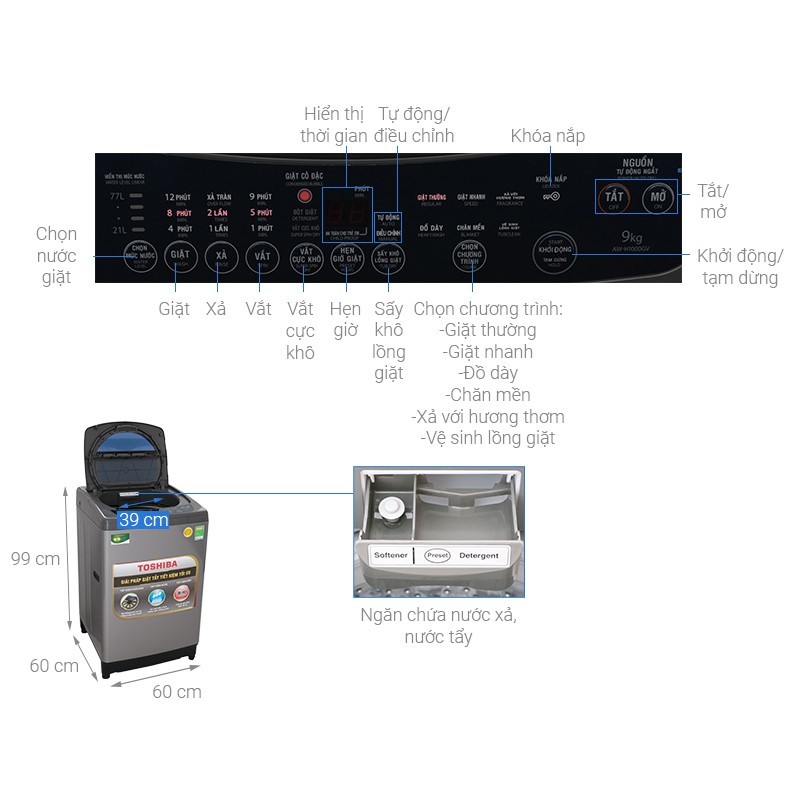 Máy giặt Toshiba 9 Kg AW-H1000GV SB