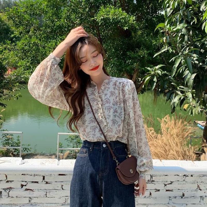 Áo sơ mi voan cổ tim in họa tiết hoa thanh lịch dành cho nữ 806