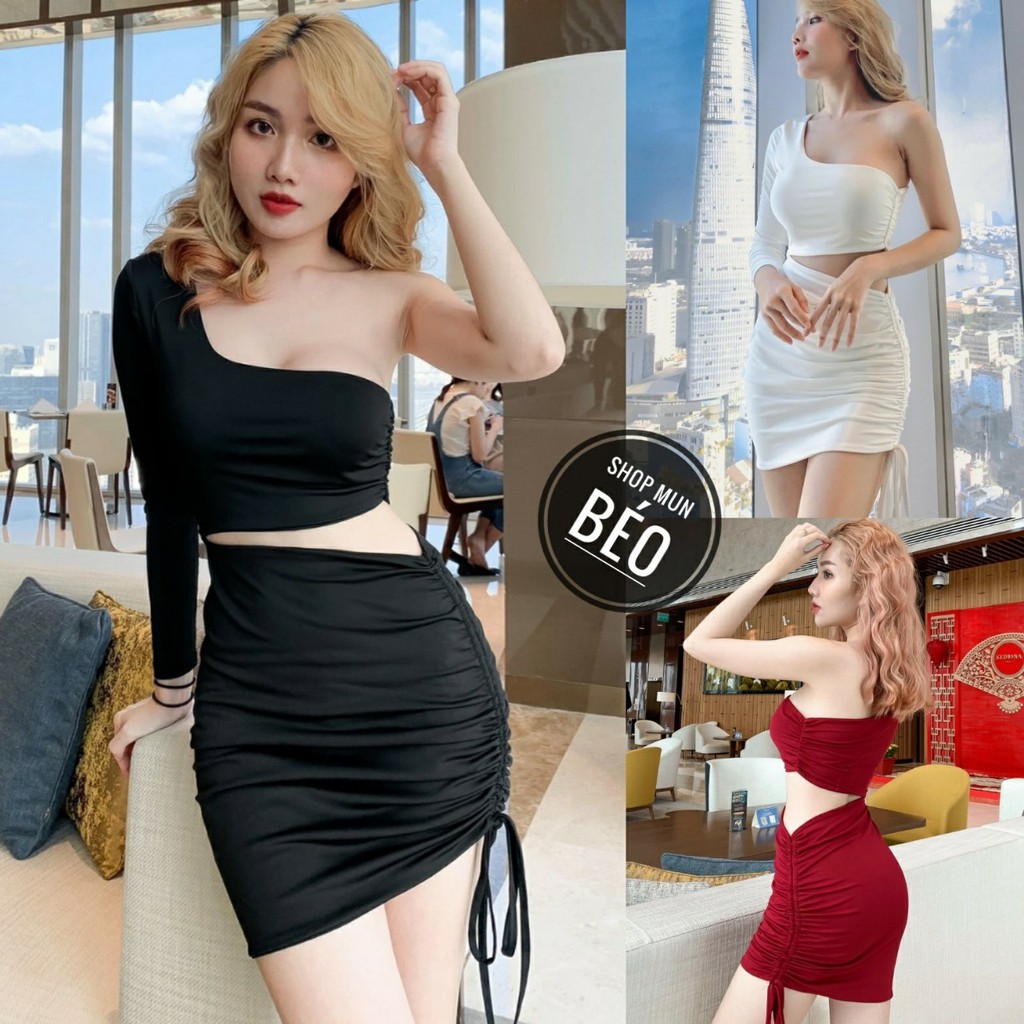Đầm Body Lệch Vai Khoét Eo Rút Dây Chất Thun Borip Thích Hợp Mặc Đi Tiệc Đi Làm Đi Chơi