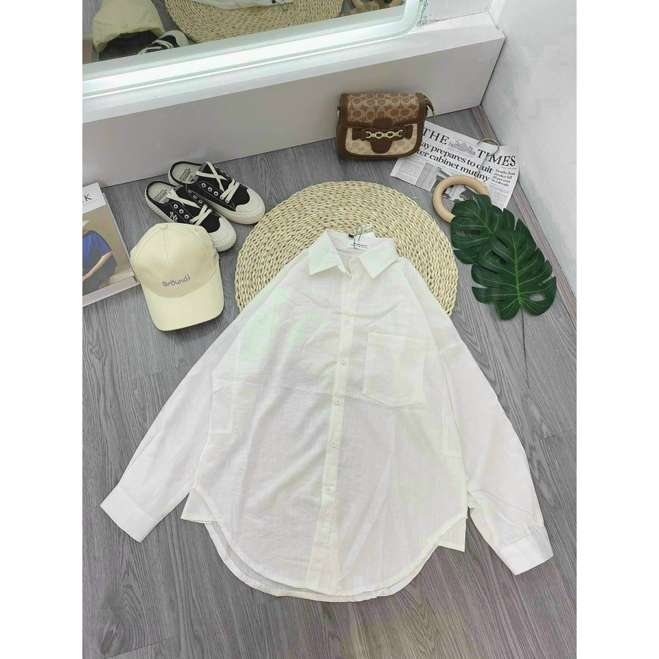 Áo sơ mi trơn form rộng tay dài 1 túi cực xinh , chất xô mềm mịn ( ảnh thật )