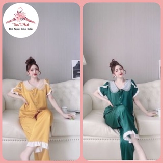 👉👉Đồ bộ lụa satin cai cấp cổ 3 lá phối ren tay ngắn quần dài 👉👉dễ thương đồ ngủ lụa satin có tay freesize