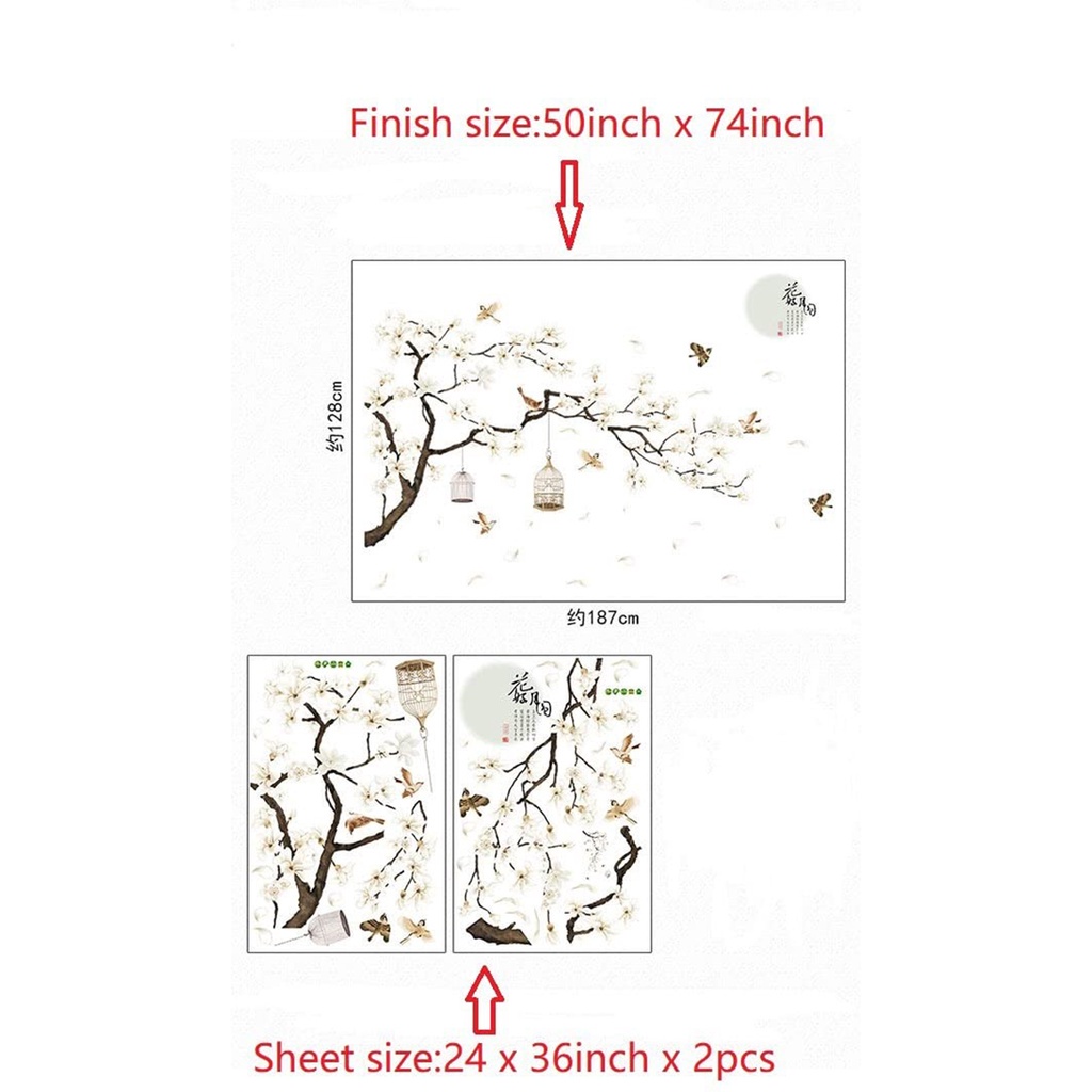 Miếng dán tường tự dính họa tiết hoa và mặt trăng phong cách Trung Hoa d dùng trang trí phòng khách