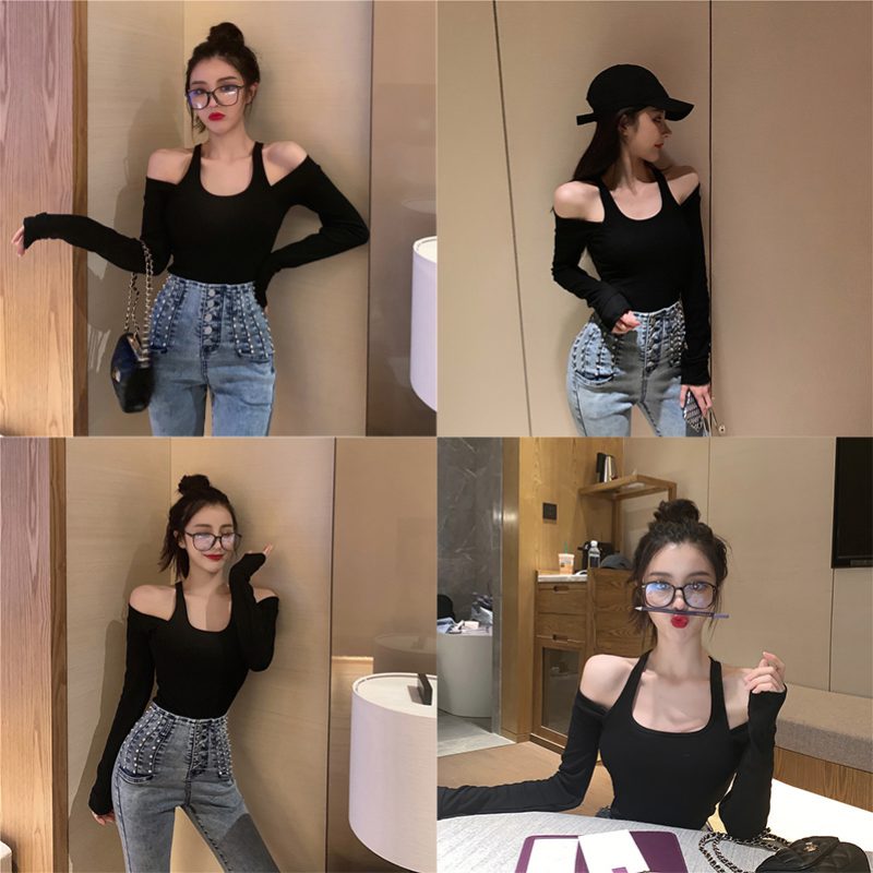 Áo Tay Dài Trễ Vai Màu Trơn Phong Cách Hàn Quốc Quyến Rũ