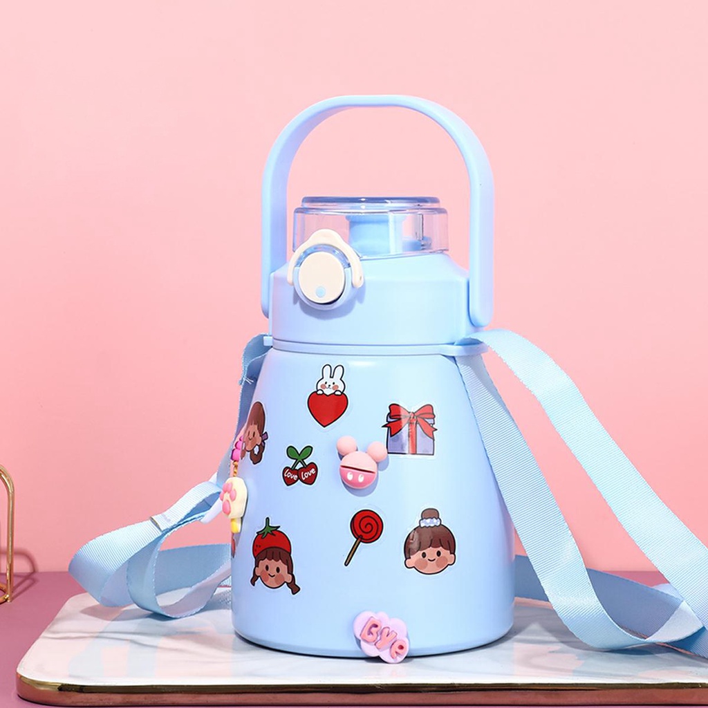 Bình giữ nhiệt cao cấp 900ml có ống hút và quai đeo tặng kèm sticker trang trí (B9002)