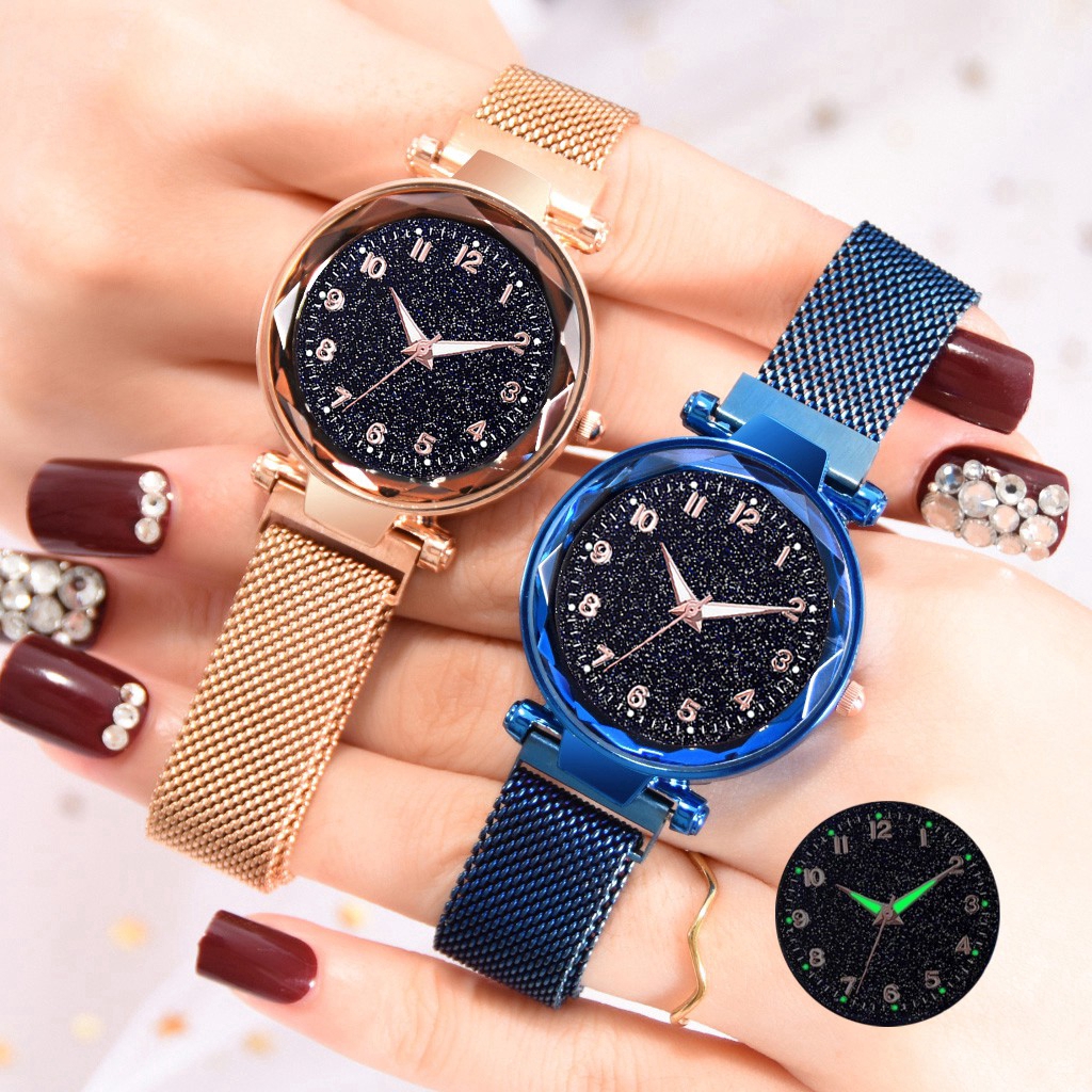 Đồng hồ đeo tay dạ quang ánh sao khóa nam châm phối dây lưới dành cho nữ