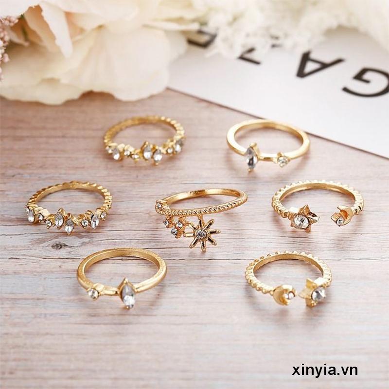 Bộ Nhẫn Đính Kim Cương &amp; Ngọc Trai Hình Ngôi Sao &amp; Mặt Trăng Cổ Điển Cho Nữ