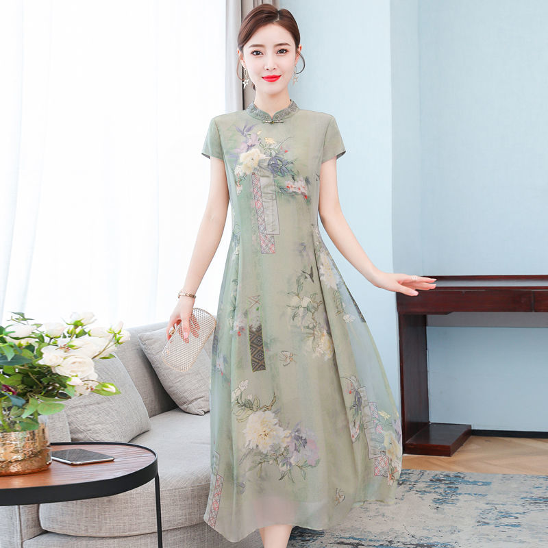 Dress chiffon dress female short-sleeved long print improved version cheongsam dress summer new style embroidery printing