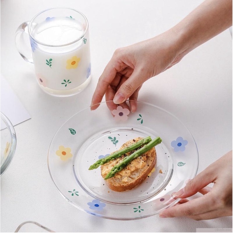 Bộ chén bát đĩa thuỷ tinh hoạ tiết hoa năm cánh nhã nhặn, sử dụng hàng ngày hoặc làm quà tặng - Nhà của Nâu