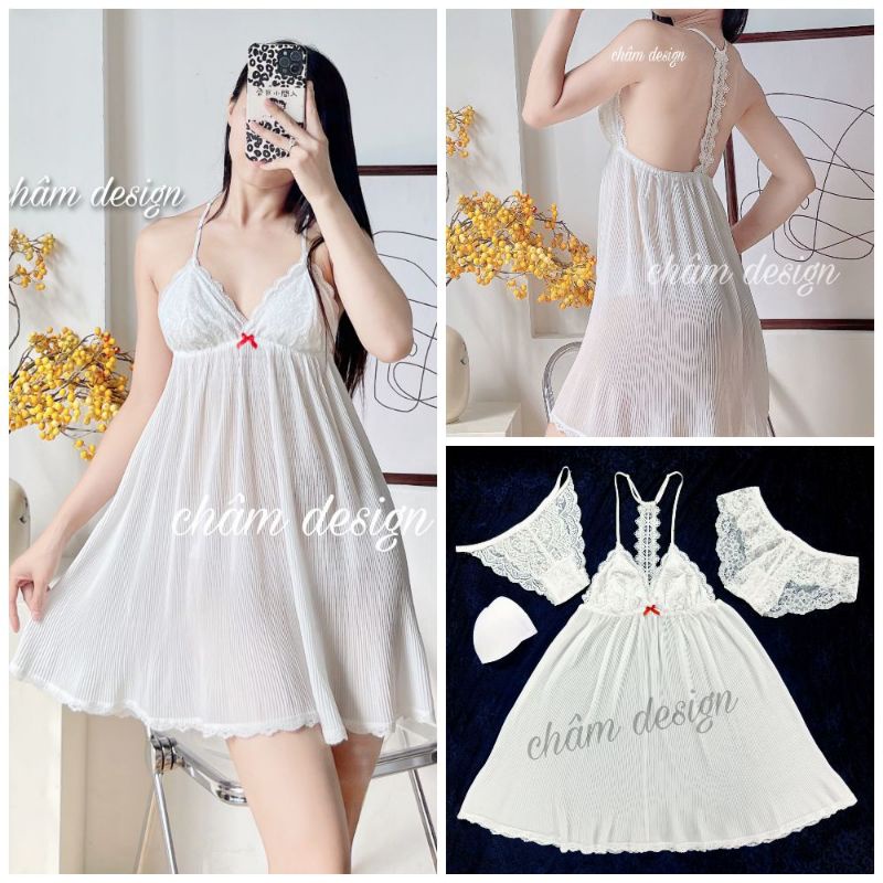 váy ngủ voan trắng dập ly nhỏ gắn nơ đỏ cao cấp hàng thiết kế độc quyền tại shop